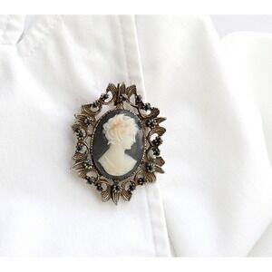 Victorian Revival Cameo Brooch Pendant Black And White